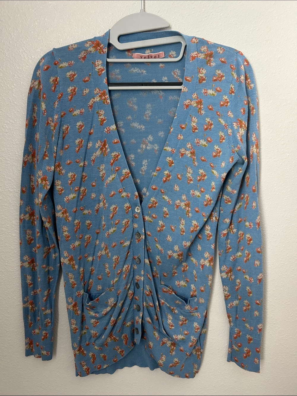 Vintage Light Blue Cardigan with Floral Print